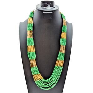 GCM India Green Seed Bead & Gold Tone Ball & Rod Multi-Strand 27"-29" Necklace